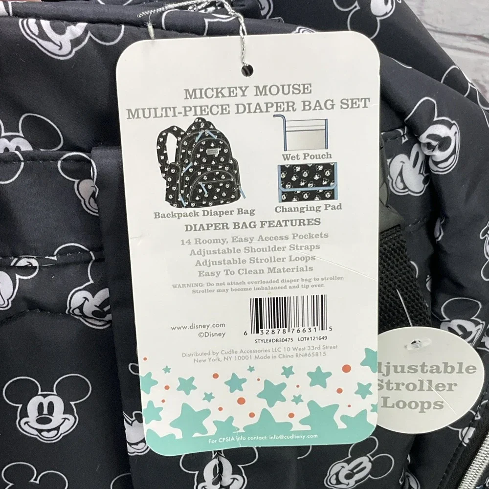 Disney Baby Black & White Mickey Mouse Multi Pc Diaper Bag Backpack w/14 Pockets - Picture 9 of 10